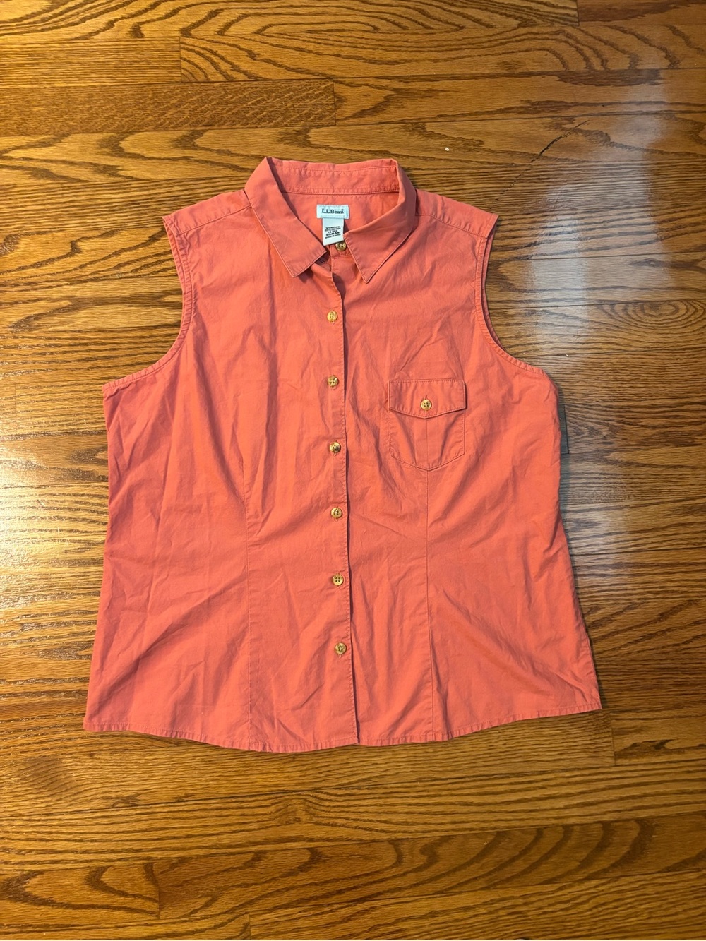 L.L.Bean Women’s Sleeveless Button-Up Shirt — Large — Coral Orange 100% Cotton